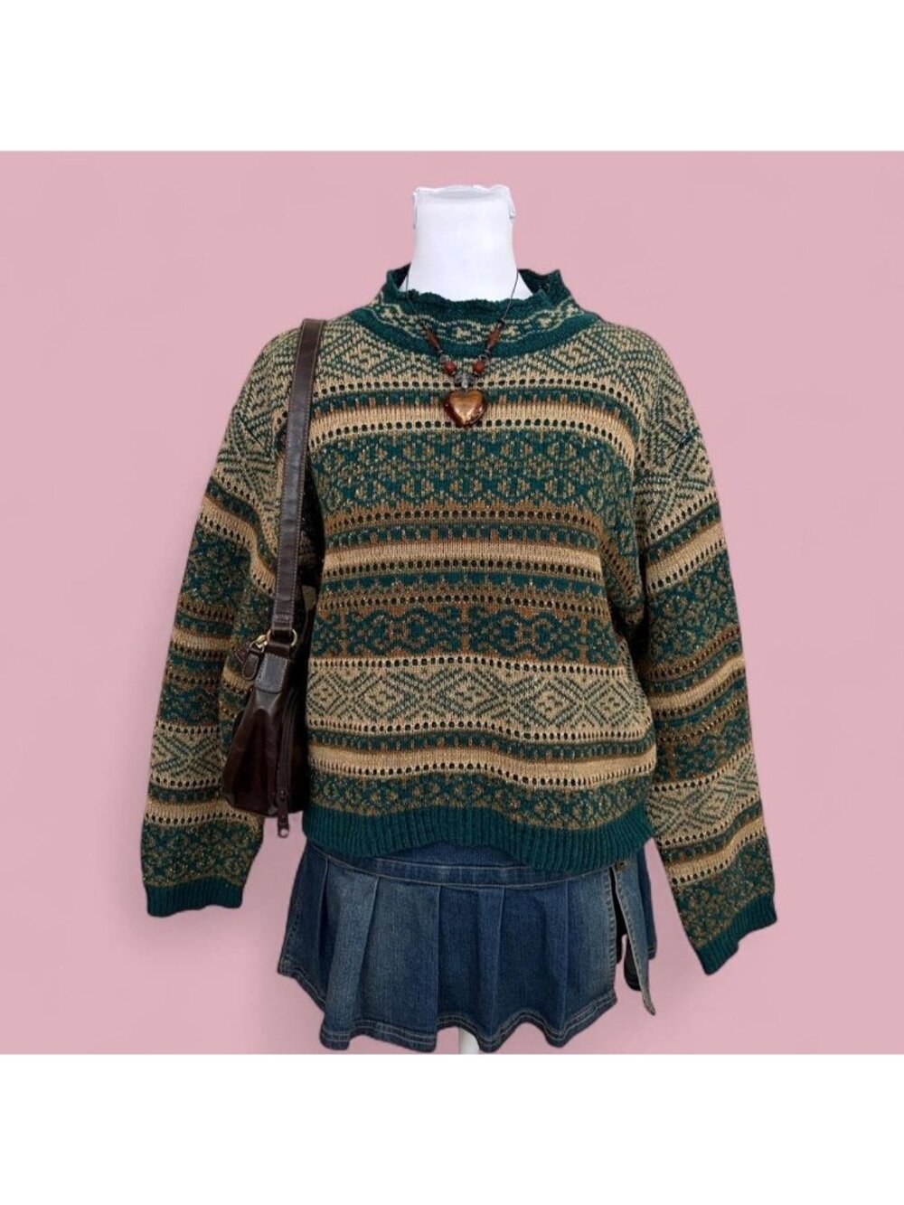 90s metallic striped cottagecore fair isle cropped mock neck sweater